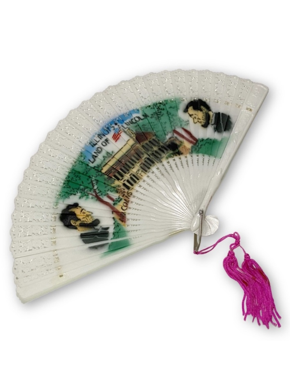 Colins Antique Land of Lincoln Springfield Illinois Souvenir Folding Hand Fan